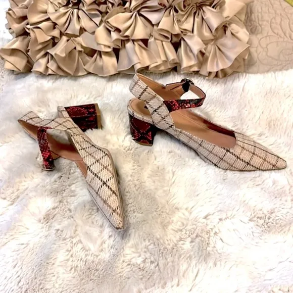 Mariko Anthropologie Marilou Plaid Snakeprint Colorblock Slingback Shoes Sz 7