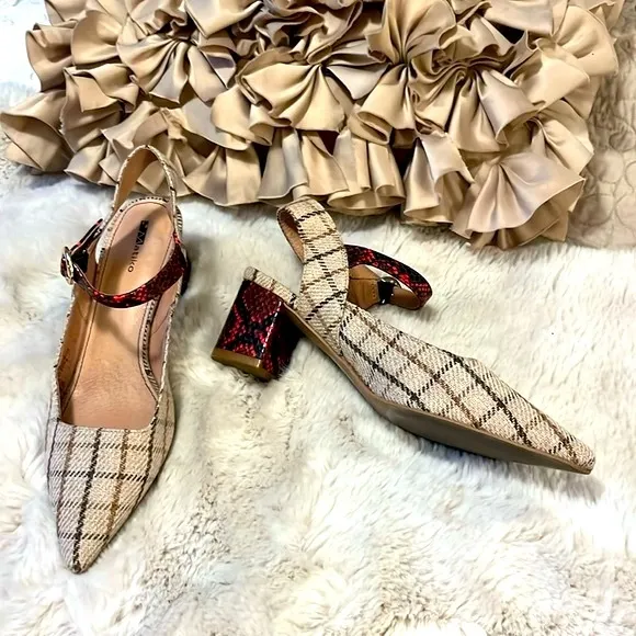 Mariko Anthropologie Marilou Plaid Snakeprint Colorblock Slingback Shoes Sz 7