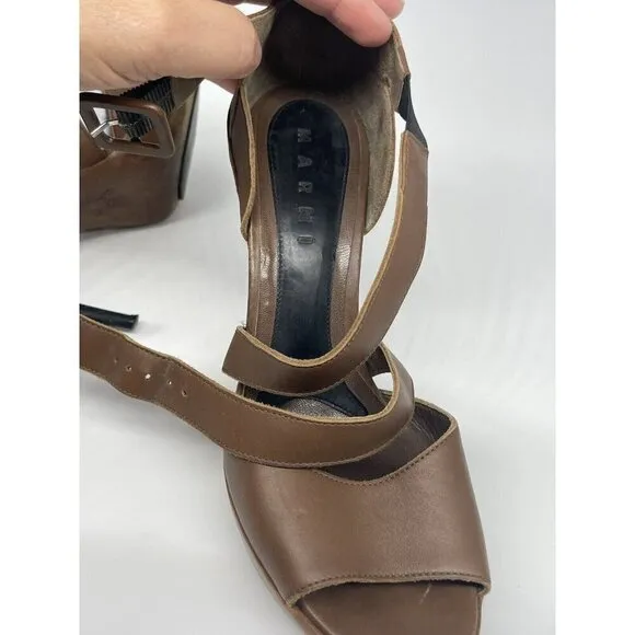 MARNI Brown Leather Sandals Shoes Heels Size 38 Y2K