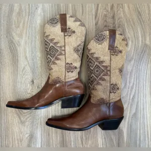 Matisse Brown Leather Cowboy Boots 70s Canvas Tapestry Size 6 NWOT