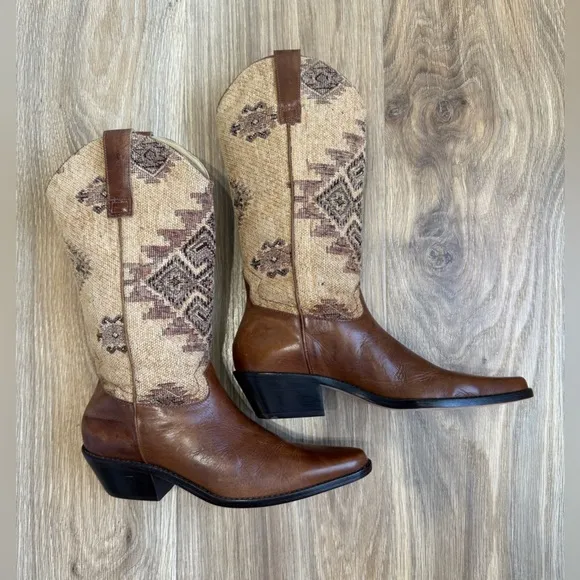 Matisse Brown Leather Cowboy Boots 70s Canvas Tapestry Size 6 NWOT