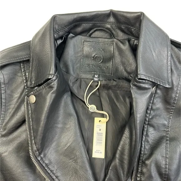 Max Studio Faux Leather Cropped Moto Jacket Black New Punk Metal Silver Goth