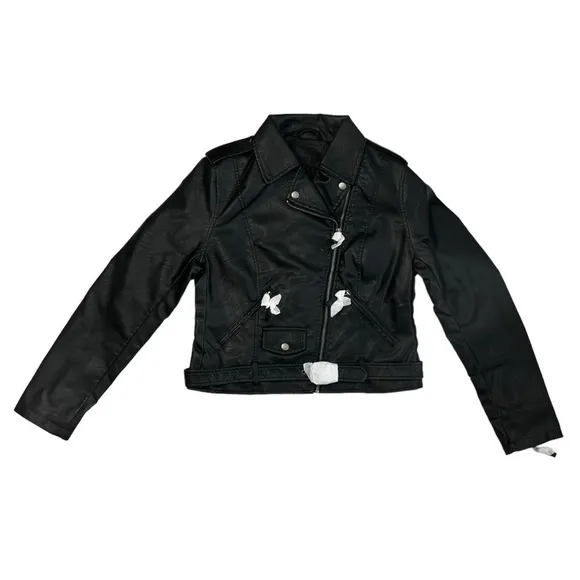 Max Studio Faux Leather Cropped Moto Jacket Black New Punk Metal Silver Goth