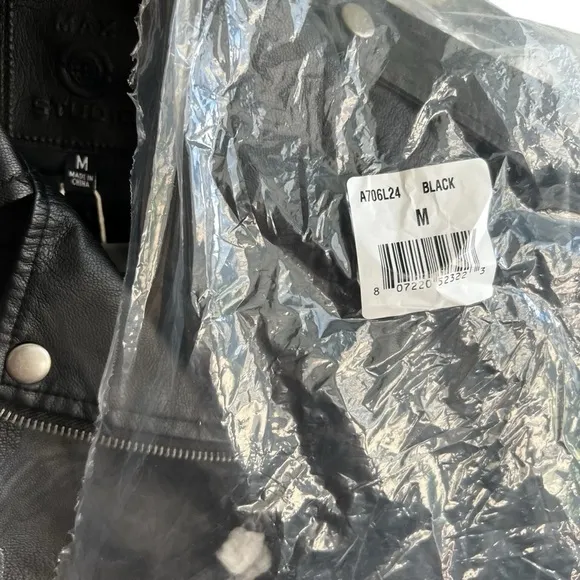 Max Studio Faux Leather Cropped Moto Jacket Black New Punk Metal Silver Goth