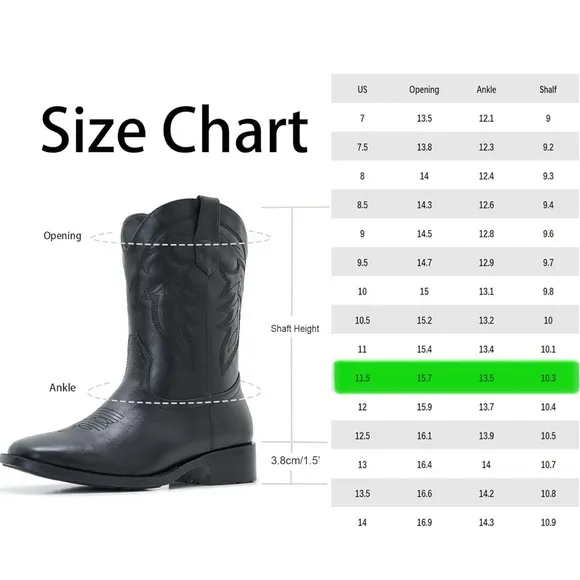 Men’s Black Cowboy Leather Boots Stitching, short brown heel, square toe, 11.5