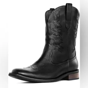 Men’s Black Cowboy Leather Boots Stitching, short brown heel, square toe, 11.5