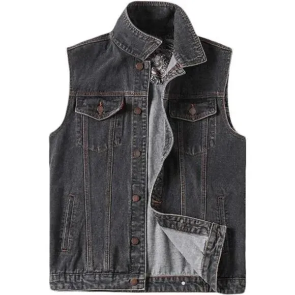 Men's Denim Vest Jean Vest Black Denim Motorcycle Black Biker