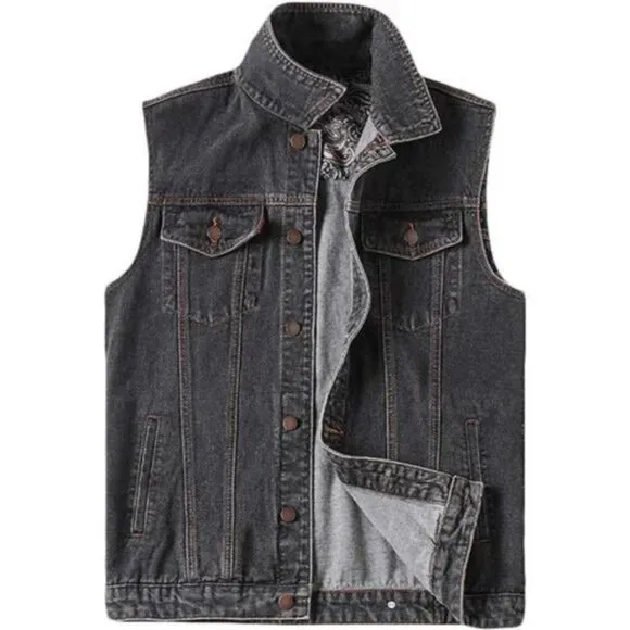 Men's Denim Vest Jean Vest Black Denim Motorcycle Black Biker