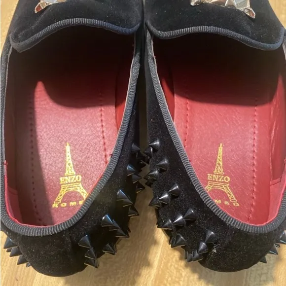 Men's Spikes Dress Shoes Black Velvet Loafers Gold Buckle Slip-On NWOT size 8.5