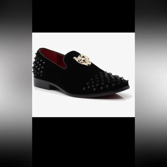 Men's Spikes Dress Shoes Black Velvet Loafers Gold Buckle Slip-On NWOT size 8.5