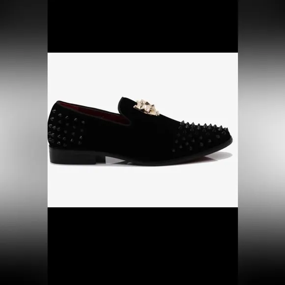Men's Spikes Dress Shoes Black Velvet Loafers Gold Buckle Slip-On NWOT size 8.5
