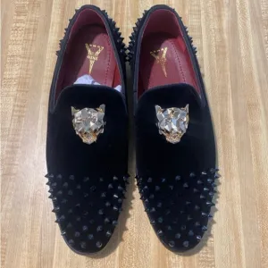 Men's Spikes Dress Shoes Black Velvet Loafers Gold Buckle Slip-On NWOT size 8.5