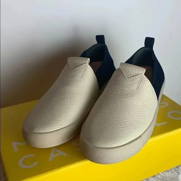 Mercedes Castillo White and Blue Slip on Sneakers