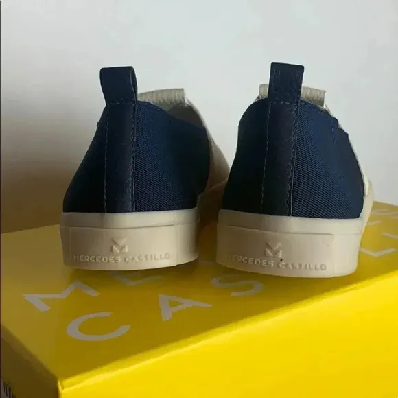 Mercedes Castillo White and Blue Slip on Sneakers