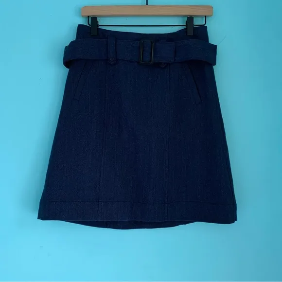 Merona Y2K Wool Tweed A-Line Mini Retro Blue Belted Skirt 2 Rare Belted
