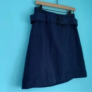 Merona Y2K Wool Tweed A-Line Mini Retro Blue Belted Skirt 2 Rare Belted