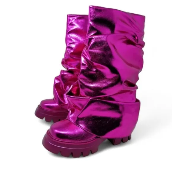 Metallic Pink Pullover Ruched Slouchy Mid Calf Lug Boots