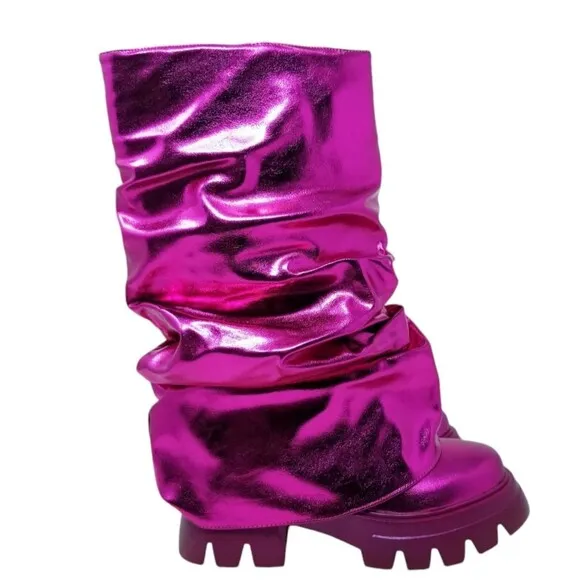 Metallic Pink Pullover Ruched Slouchy Mid Calf Lug Boots