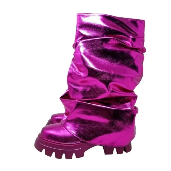 Metallic Pink Pullover Ruched Slouchy Mid Calf Lug Boots