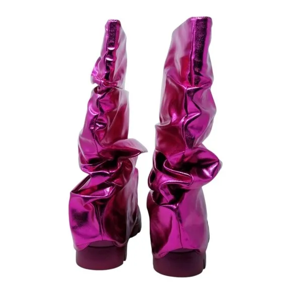 Metallic Pink Pullover Ruched Slouchy Mid Calf Lug Boots