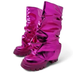 Metallic Pink Pullover Ruched Slouchy Mid Calf Lug Boots