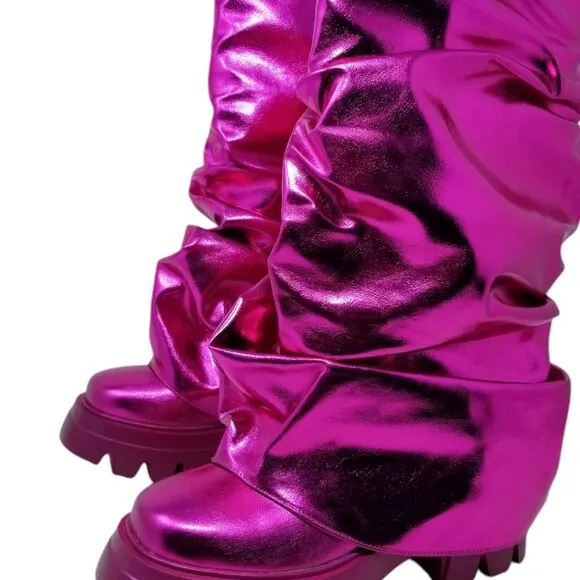 Metallic Pink Pullover Ruched Slouchy Mid Calf Lug Boots
