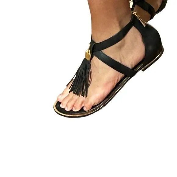 Michael Kors black gold T strap sandals shoes women’s 8