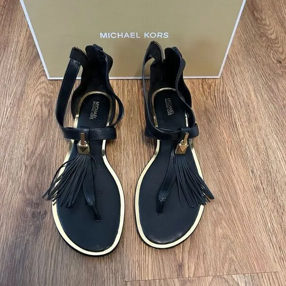 Michael Kors black gold T strap sandals shoes women’s 8