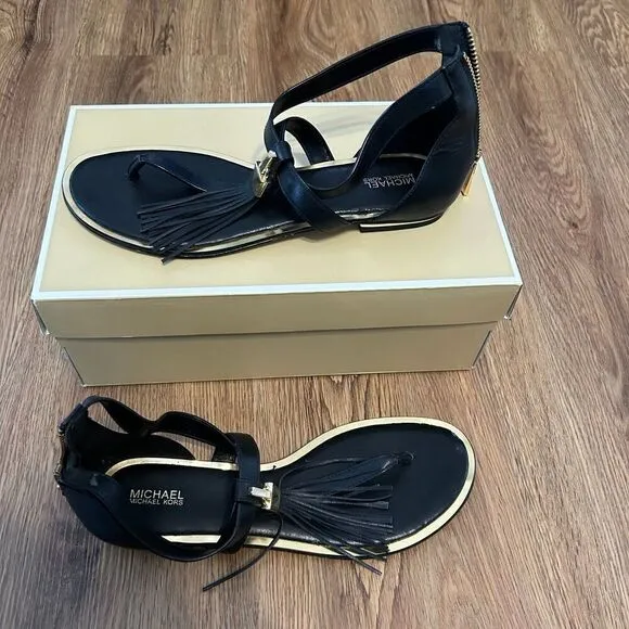 Michael Kors black gold T strap sandals shoes women’s 8