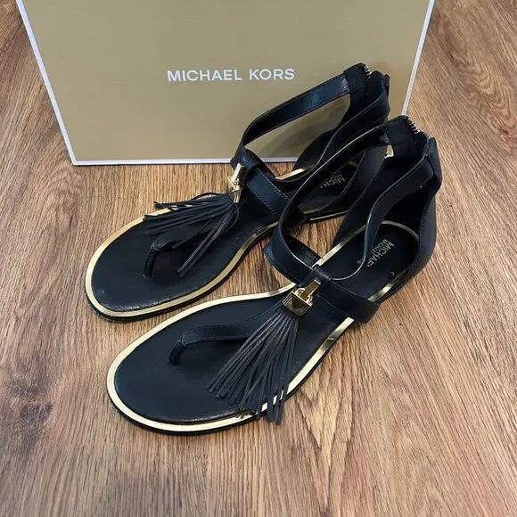 Michael Kors black gold T strap sandals shoes women’s 8