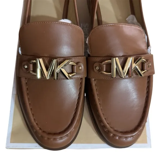 Michael Kors Cognac Leather Tiegan Loafers with Gold Emblem