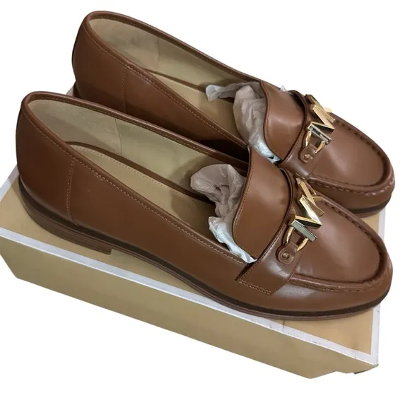Michael Kors Cognac Leather Tiegan Loafers with Gold Emblem