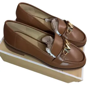 Michael Kors Cognac Leather Tiegan Loafers with Gold Emblem