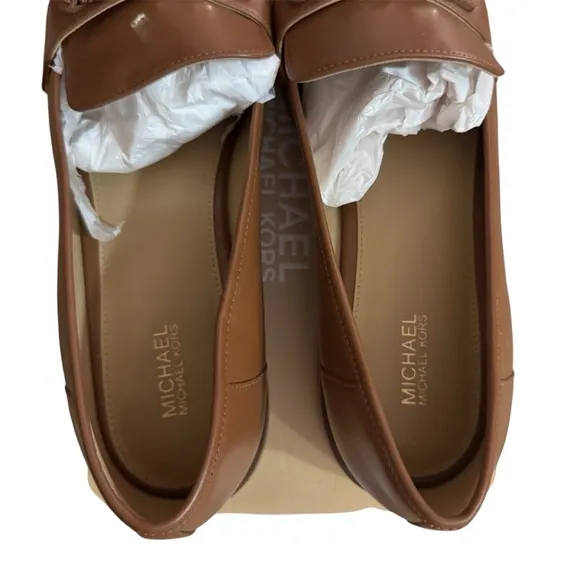 Michael Kors Cognac Leather Tiegan Loafers with Gold Emblem