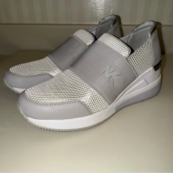 Michael Kors Felix Trainer Metallic Mesh Wedge Slip On Sneakers