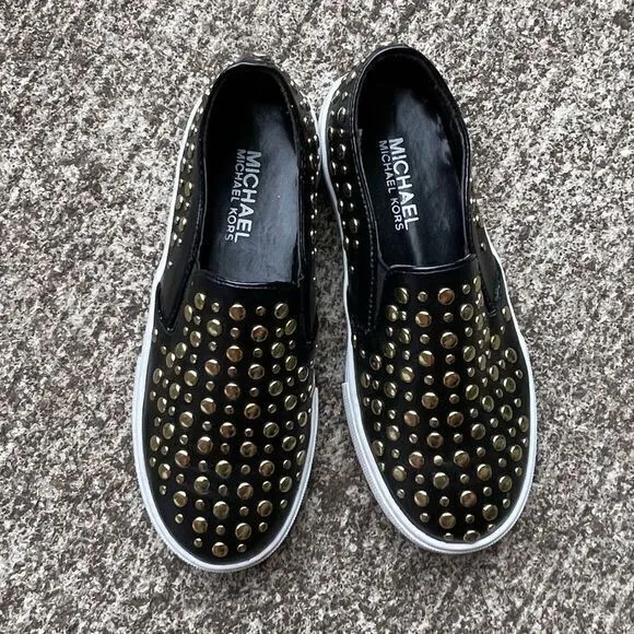 Michael Kors Girls Ivy Jade 14 Sneakers Gold Studded Slip‎ on Black Size 1