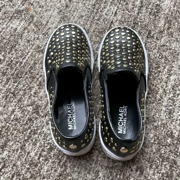 Michael Kors Girls Ivy Jade 14 Sneakers Gold Studded Slip‎ on Black Size 1