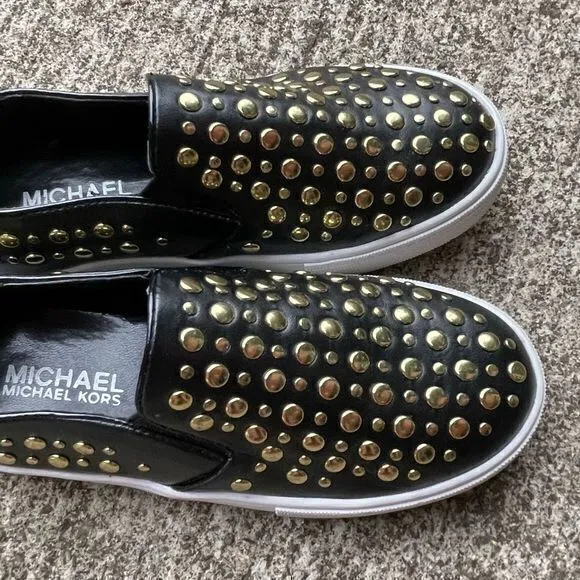 Michael Kors Girls Ivy Jade 14 Sneakers Gold Studded Slip‎ on Black Size 1