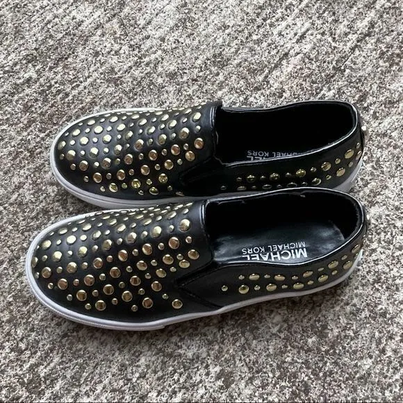Michael Kors Girls Ivy Jade 14 Sneakers Gold Studded Slip‎ on Black Size 1