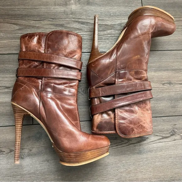 Michael Kors Mae Distressed Leather Shearling Fur High Heel Boots Mocha 8.5