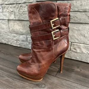 Michael Kors Mae Distressed Leather Shearling Fur High Heel Boots Mocha 8.5