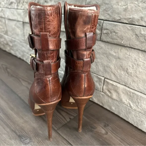 Michael Kors Mae Distressed Leather Shearling Fur High Heel Boots Mocha 8.5