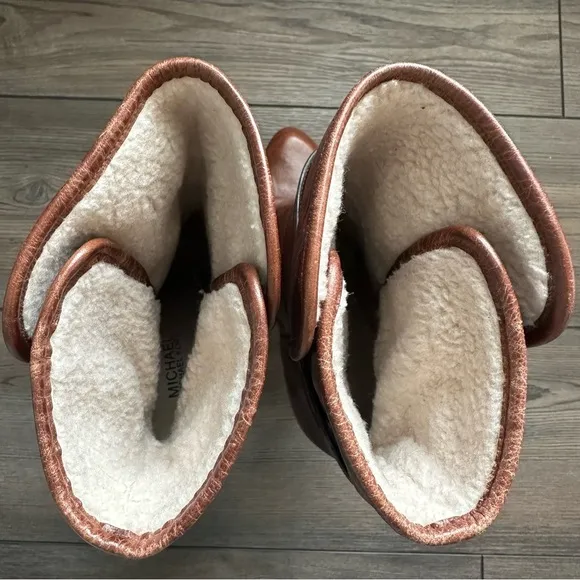 Michael Kors Mae Distressed Leather Shearling Fur High Heel Boots Mocha 8.5