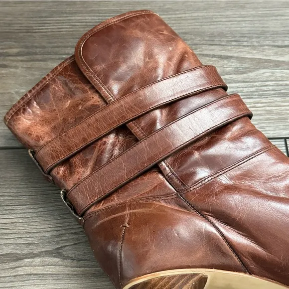 Michael Kors Mae Distressed Leather Shearling Fur High Heel Boots Mocha 8.5