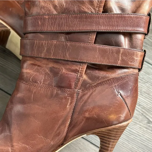 Michael Kors Mae Distressed Leather Shearling Fur High Heel Boots Mocha 8.5