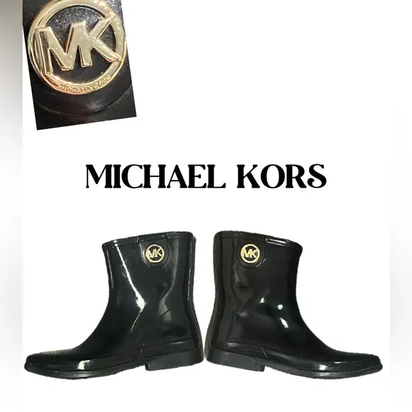 Michael Kors Sz 10 Black Rain Boots with MK Gold Logo