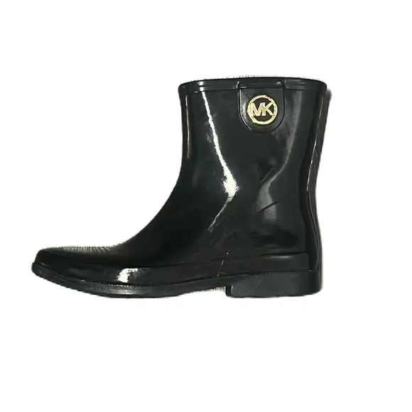 Michael Kors Sz 10 Black Rain Boots with MK Gold Logo