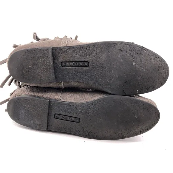 Minnetonka Gray Suede 3-Layer Fringe Moccasin Boots 7