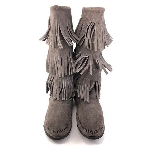 Minnetonka Gray Suede 3-Layer Fringe Moccasin Boots 7