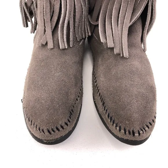 Minnetonka Gray Suede 3-Layer Fringe Moccasin Boots 7
